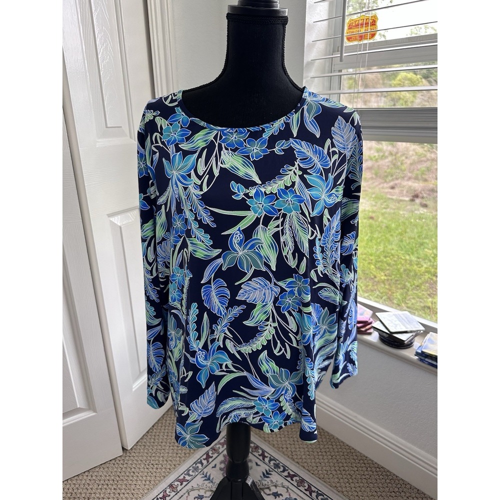 Lands End Rash Guard Long Sleeve Top Size 3x Black Blue Green Floral Swim Top